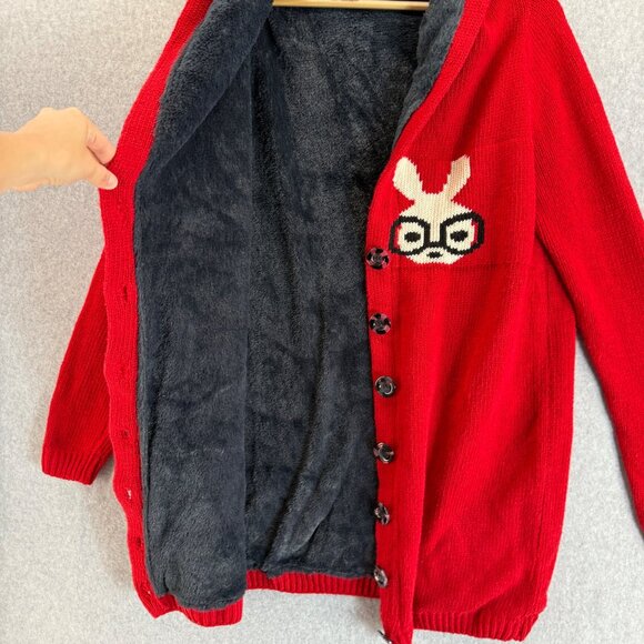 Misslook Red Hooded Cardigan‎ Bunny Rabbit Glasses Faux Fur Lining Size Large ? - Picture 4 of 11